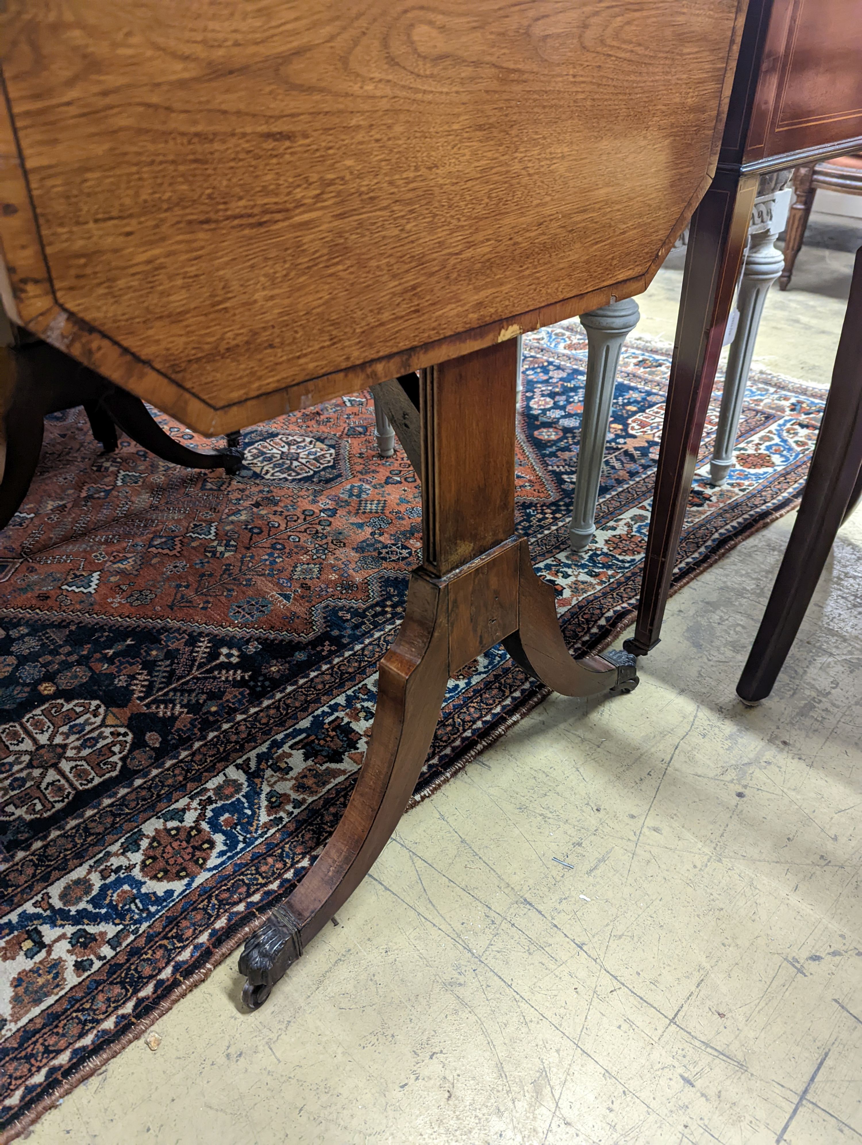 A Regency style banded mahogany sofa table, width 86cm, depth 56cm, height 72cm
